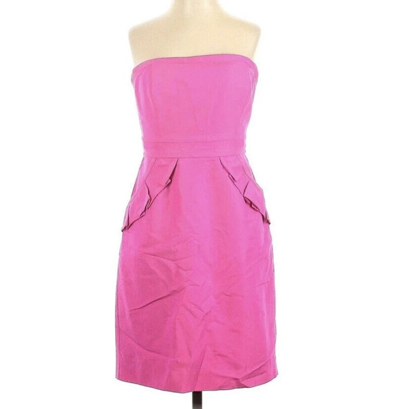 J. Crew Bright Pink Silk Cocktail Mini Dress Women's Sz 8 Barbie Pockets Ruffles - Picture 1 of 16